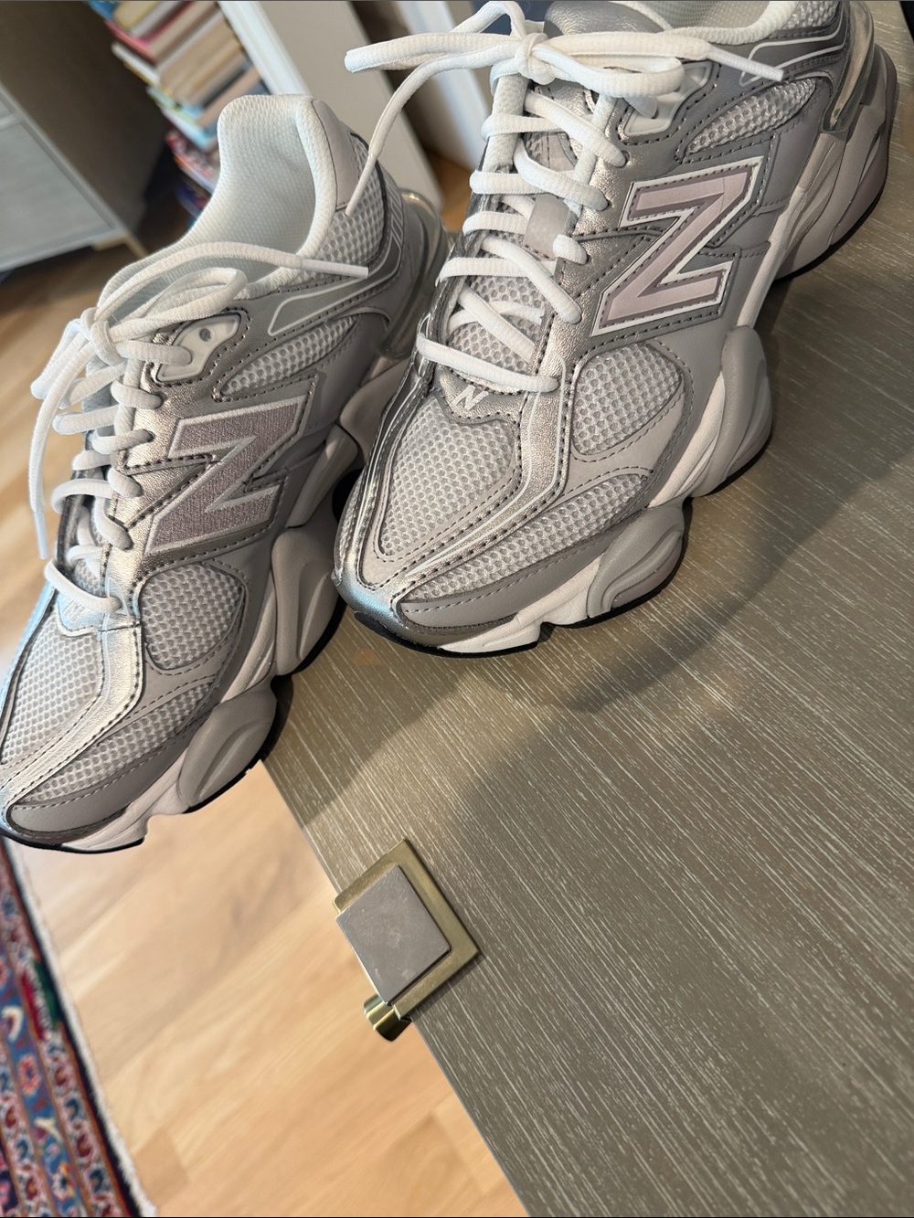 New Balance 9060 Silver and White Mesh Athletic Sneakers